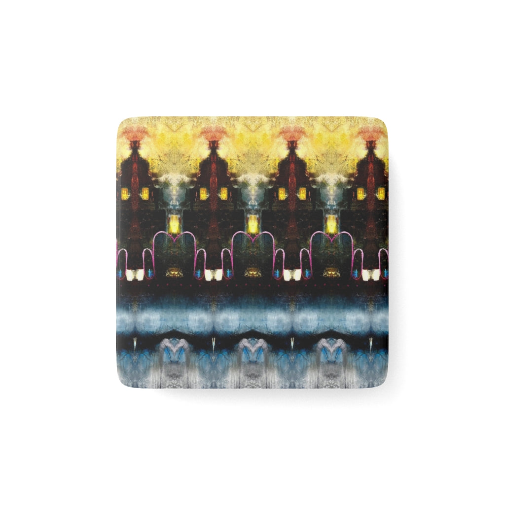 AQUA & GOLD MINIMAL COMPLEX FRACTAL ABSTRACT Porcelain Magnet, Square